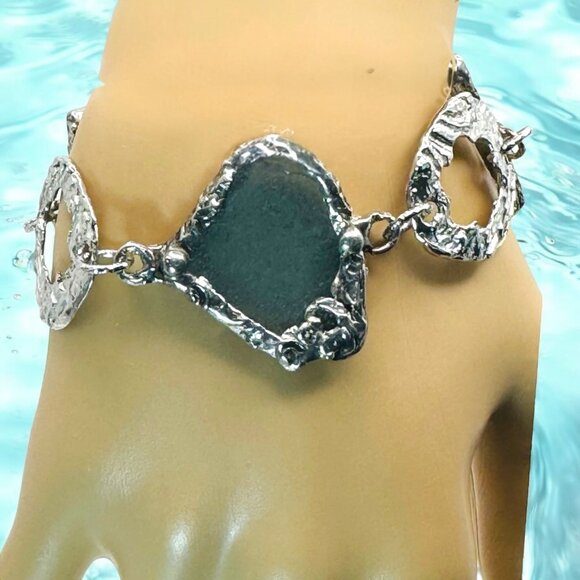 Sea Glass & Silver Cutout Boho Artisan Metalwork Bracelet w/ Adjustable Closure - Picture 1 of 16